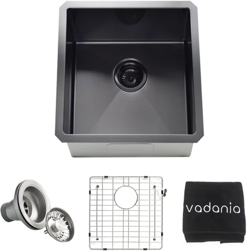 VADANIA Fregadero de barra de cocina de 16 pulgadas, acabado chapado en negro, 16"x18"x10", tazón individual, bajo encimera, acero inoxidable T304