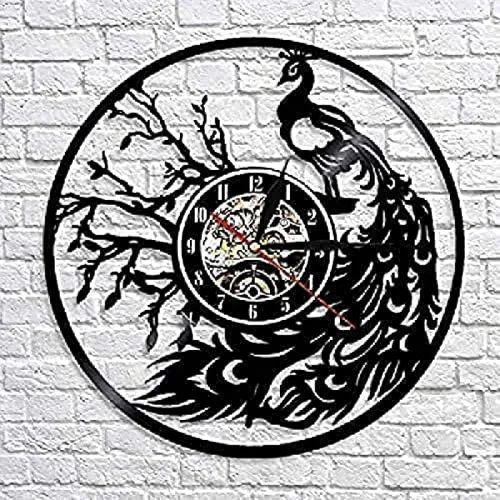 Miniatura 4 de Reloj de pared silencioso de vinilo de pavo real, reloj de pared silencioso para sala de estar, naturaleza salvaje, orgulloso, pájaro, pluma