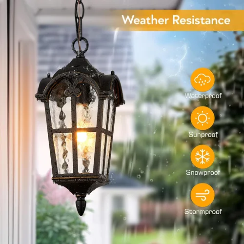 Miniatura 2 de VIANIS Lámpara colgante exterior negra con adornos dorados, luces colgantes exteriores con vidrio ondulado, candelabro exterior de aluminio