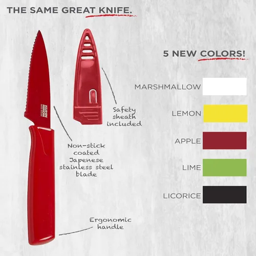 Miniatura 5 de Kuhn Rikon COLORI Cuchillo de pelar dentado antiadherente con funda de seguridad, hoja de 4 pulgadas, color rojo
