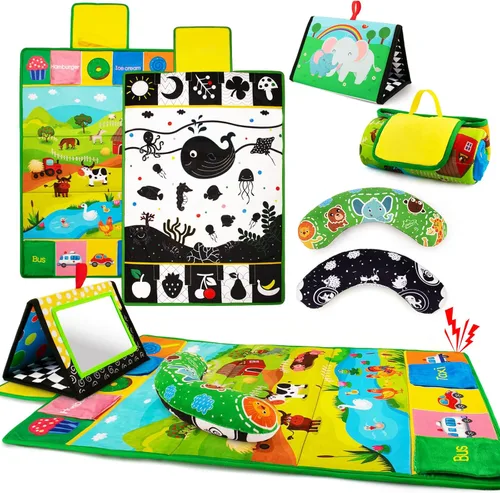Espejo para Tiempo de Barriga y Alfombrilla de Juego y Almohada 3 en 1, Juguetes de Alto Contraste en Negro y Blanco para Bebés, Alfombrilla de