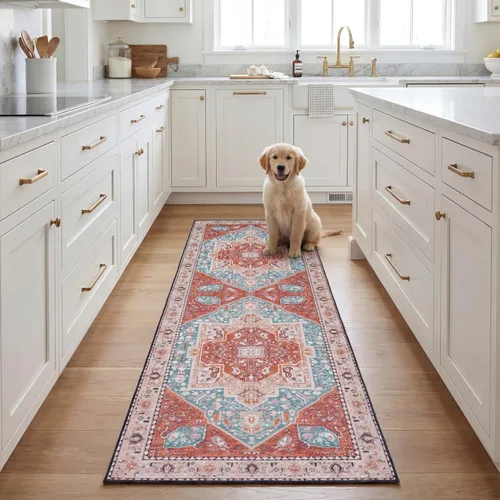 SAFAVIEH Tucson Collection - Alfombra lavable de 2 pies 6 x 8 pies, color aguamarina y al óxido, antideslizante, ideal para zonas de alto tráfico en