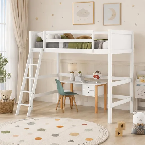 Miniatura 10 de Twin Size Solid Wood Loft Bed with Full-Length Safety Guardrails and Slanted Ladder,Modern Loft Bed Frame with Sturdy Slat Support and Under-Bed