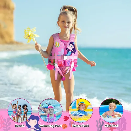 Miniatura 5 de Chaleco de natación para niños, flotadores para niños pequeños con correa de seguridad ajustable, ayudas de natación, flotador infantil, traje
