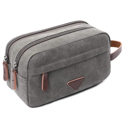 Miniatura 8 de Mactso Neceser para hombre, kit de viaje de cuero de lona vintage con 2 compartimentos, cremallera resistente, 9.5 x 5.5 x 4 pulgadas, organizador