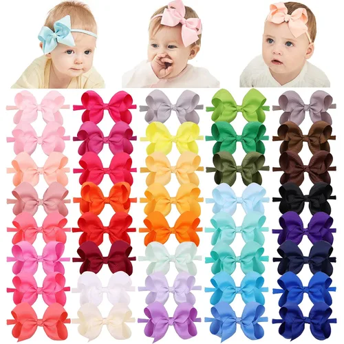 Miniatura 11 de jollybows 40 piezas Diademas con Lazos de Cinta Grosgrain para Bebés Niñas 4" Banda Elástica para el Cabello Accesorios para el Cabello para Bebés