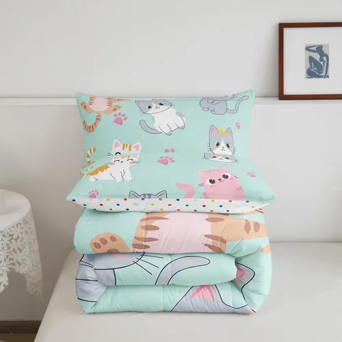 Miniatura 6 de Erosebridal Juego de ropa de cama para niños, tamaño individual, diseño de gatos de dibujos animados, para niñas, niños y adolescentes, edredón