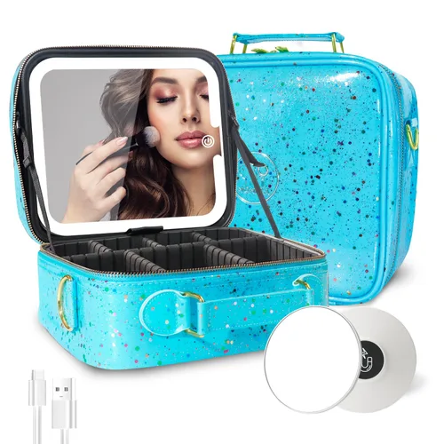 MOMIRA Bolsa de Maquillaje de Viaje con Espejo Iluminado, Brillo Ajustable en 3 Configuraciones de Color, Estuche de Tren de Maquillaje Impermeable,