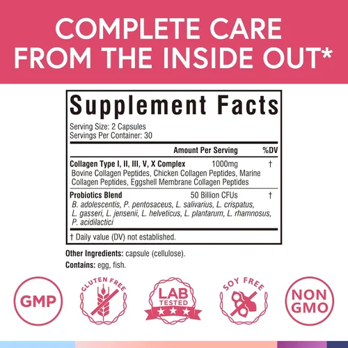 Miniatura 2 de Terranics Péptidos de colágeno múltiple tipo I, II, III, V, X, 1000 mg por porción, con probióticos 50 mil millones de UFC, 10 cepas, apoya la salud