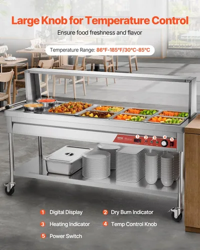 Miniatura 4 de VEVOR Calentador de Alimentos Eléctrico Comercial, 7 Bandejas + 2 Ollas Mesa de Vapor, 1800W Calentador de Alimentos Profesional para Buffet