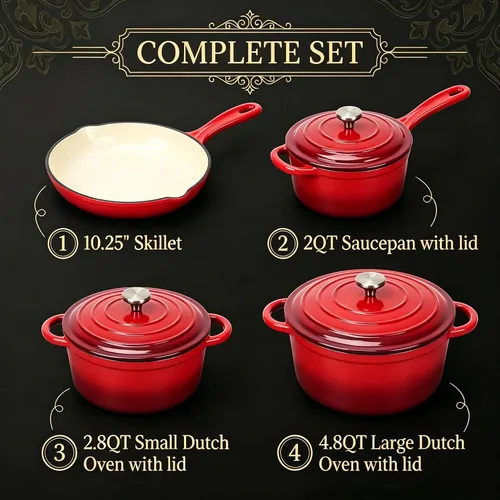 Miniatura 2 de QuliMetal Juego de utensilios de cocina de hierro fundido esmaltado antiadherente, 7 piezas de ollas y sartenes con tapa, sartén, cacerola, olla Rojo