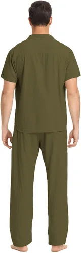 Miniatura 28 de RPOVIG Conjunto de camisa de lino y pantalones: conjuntos de lino de 2 piezas para hombre, camisas de manga corta, pantalones de yoga, trajes