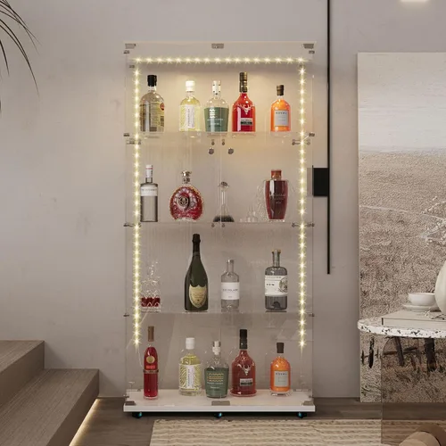 Miniatura 14 de Vitrina de cristal con 4 estantes con tira de luces LED y cerradura, vitrina de vitrina con ruedas y 1 puerta, vitrina de vidrio templado para sala