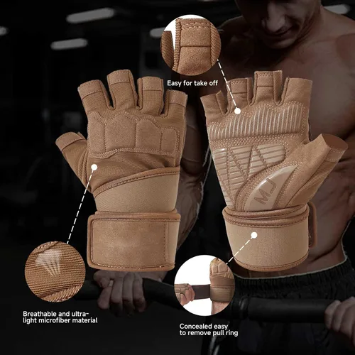 Miniatura 2 de Guantes de entrenamiento para hombre para levantamiento de pesas - Guantes de ejercicio para hombres y mujeres con soporte para muñequera, Marrón