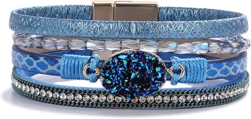 Miniatura 103 de FANCY SHINY - Pulsera de cuero estilo bohemio, pulsera de cuentas de cristal con cierre magnético, regalos de joyería para mujer