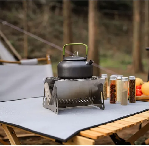 Miniatura 4 de Estufa de leña pequeña para acampar con parrilla de malla para mochileros al aire libre tipo tarjeta desmontable Quemador Solo acero inoxidable