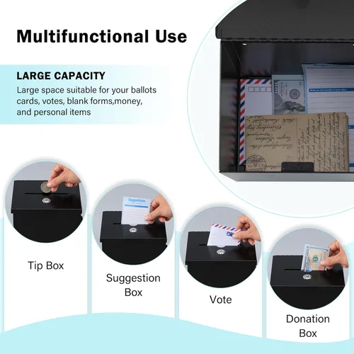 Miniatura 4 de xydled Caja de sugerencias montada en la pared con cerradura de llave, caja de depósito de metal para donación/boletas/votación/colección/llaves