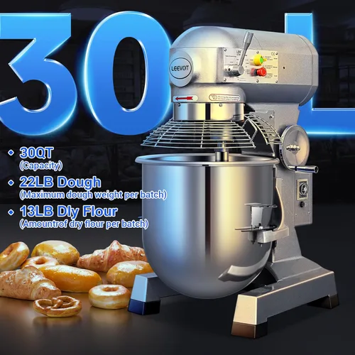 Miniatura 2 de Mezclador comercial de alimentos de 30 cuartos de galón, 1250 W, mezclador comercial de 3 velocidades ajustable con función de temporizador, Plateado
