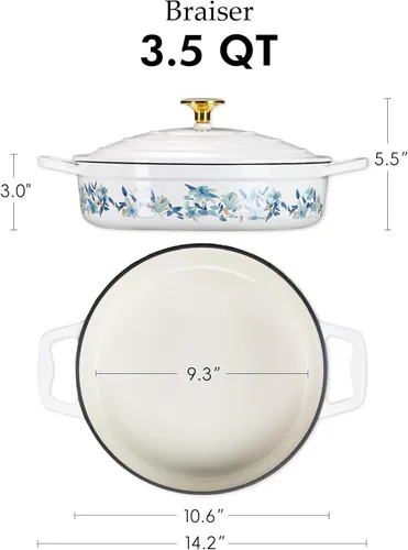 Miniatura 2 de CAROTE Sartén de hierro fundido esmaltado de 3.5 cuartos de galón, sartenes florales poco profundas para horno holandés, olla de hierro fundido