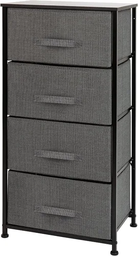 Flash Furniture Harris - Cómoda de almacenamiento de 4 cajones, marco de hierro fundido negro y parte superior de madera, 4 cajones de tela gris