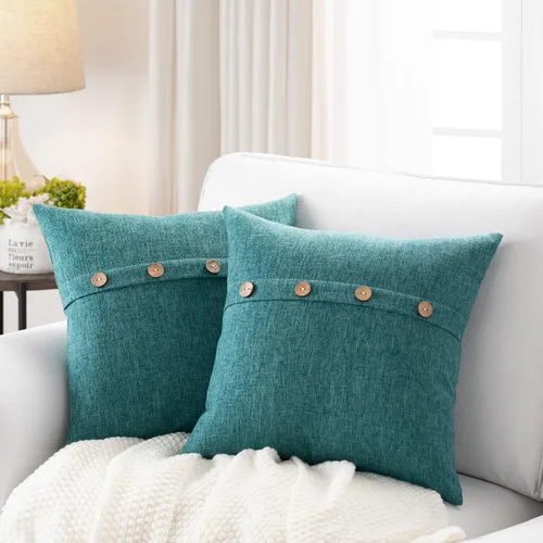 Miniatura 33 de Meekio Juego de 2 fundas de almohada cuadradas de color verde salvia de 22 x 22 pulgadas, fundas de almohada rurales de estilo bohemio con botones