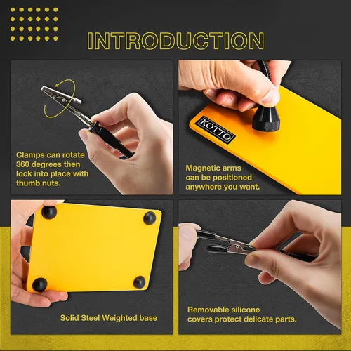 Miniatura 5 de Fstop Labs Herramienta de soldadura de tercera mano, soporte para PCB, cuatro brazos metálicos flexibles con base magnética, manos que ayudan a