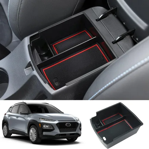 Miniatura 8 de Accesorios interiores Hyundai Kona 2018-2022, organizador de consola central con ribete azul con caja de almacenamiento y bandeja de inserción