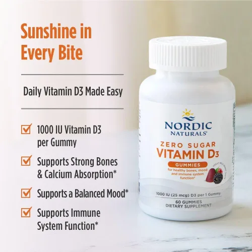 Miniatura 3 de Nordic Naturals Zero Sugar - Gomitas de vitamina D3, bayas silvestres, 60 gomitas - 1000 UI de vitamina D3 - Gran sabor - Huesos saludables, estado