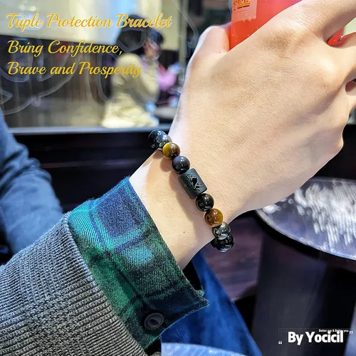 Miniatura 37 de Pulseras de la amistad, pulsera de obsidiana negra arcoíris para mujeres y hombres, 0.394 pulgadas (0.394 in), ojo de tigre, hematita y cristal
