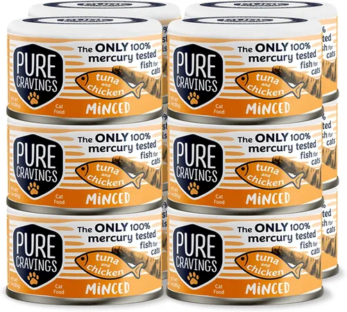 Miniatura 7 de Pure Cravings Comida enlatada húmeda de atún y caballa picada para gatos, 100% atún probado con mercurio, lata húmeda para gatos, sin granos