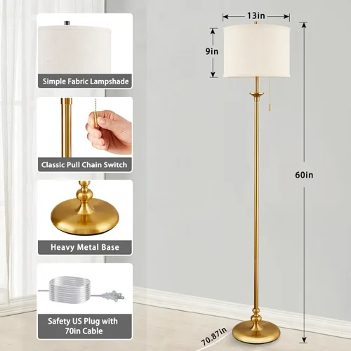 Miniatura 3 de Lámpara de pie dorada de 60", lámpara de pie para sala de estar, dormitorio, oficina y comedor - Lámparas de pie de esquina altas con interruptor