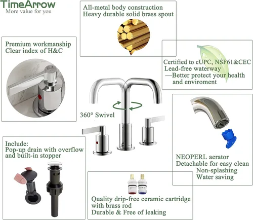 Miniatura 4 de TimeArrow TAF288S-CP - Grifo de lavabo de baño cromado de 8 pulgadas, 3 agujeros con ensamblaje de drenaje, grifo moderno de dos manijas de arco