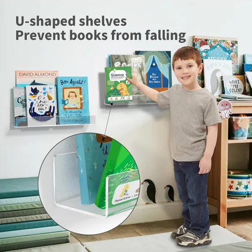Miniatura 4 de NIUBEE Estanterías flotantes de acrílico de 16.5 pulgadas, paquete de 2, estantes de pared modernos transparentes para niños/niños, estantes