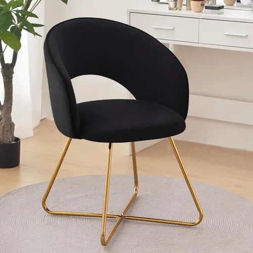 Miniatura 10 de Furniliving Silla de tocador beige, silla de terciopelo para sala de estar, sillas de concha con patas de madera, silla de maquillaje