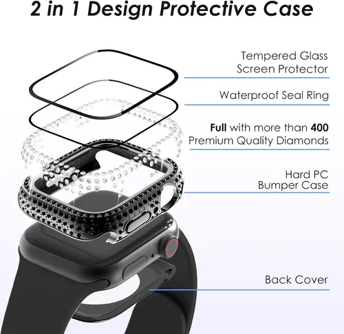 Miniatura 5 de Funda delantera y trasera, 2 en 1, brillante, impermeable, 360°, de policarbonato y protector de pantalla de vidrio para iWatch 8 y 7 de 41 mm, Negro