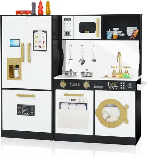 TODEFULL Juegos de cocina para niños, juego de cocina de madera para niños, cocina de juguete interactiva con congelador, lavadora, máquina de hielo