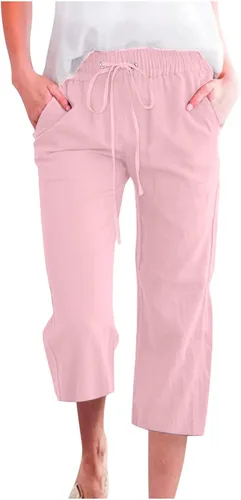 Miniatura 30 de Ceboyel Pantalones capri para mujer para verano, cintura elástica, pantalones de yoga, con cordón, pantalones de lino, pantalones de entrenamiento