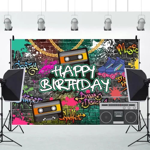 Miniatura 6 de AOFOTO Telón de fondo de feliz cumpleaños de los años 80 y 90, de 5 x 3 pies, tema de regreso a los 80, 90, hip-hop, rock, fondo de cumpleaños