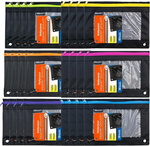 BAZIC Products Noir Neon - Estuche para lápices de 3 anillos con ventana de malla, construcción duradera, para carpetas escolares, caja de 24