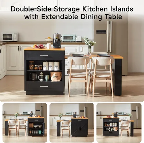 Miniatura 4 de ONBRILL Islas de cocina de 76 pulgadas con mesa de comedor extensible, mesa de isla para 2-4 personas con almacenamiento de doble lado, carrito