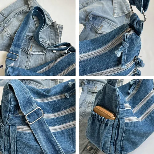 Miniatura 5 de Bolso de hombro grande retro para mujer de lona de denim, bolso cruzado de denim, bolso ligero informal, bolso de mano con asa superior