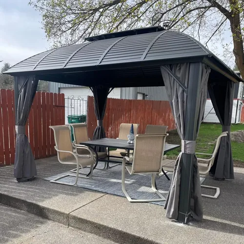 Domi Cenador de Techo Rígido de 10'x12' con Toldo Arqueado, Cenador de Aluminio para Exteriores con Doble Techo de Acero Galvanizado, Cortina y Red,