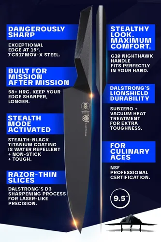 Miniatura 4 de Dalstrong Cuchillo de chef de 9.5 pulgadas, serie Shadow Black, recubierto de nitruro de titanio negro, cuchillo de cocina afilado de afeitar, acero
