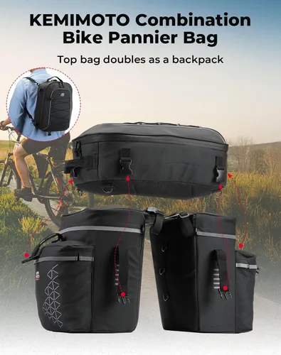 Miniatura 9 de KEMIMOTO Combo de alforjas de bicicleta 3 en 1, bolsa de comestibles para sillín de bicicleta con cubierta impermeable para lluvia, 52 L, gran