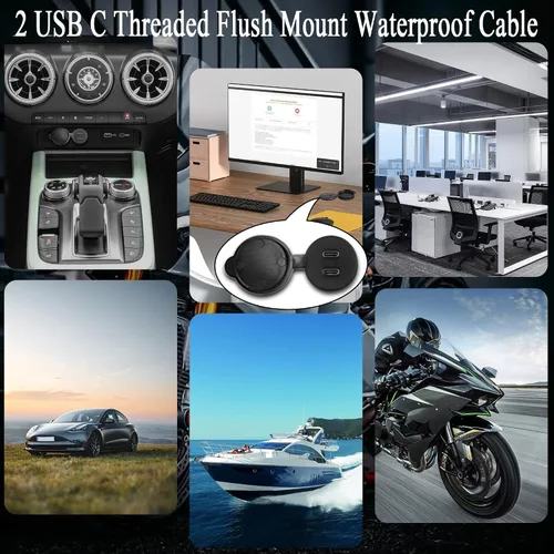 Miniatura 5 de QIANRENON 2 USB C roscado montaje empotrado cable impermeable doble USB C 2.0 macho a hembra montaje en tablero de coche cable de extensión