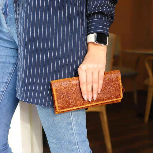 Miniatura 2 de Toros Craft Cartera larga hecha a mano para mujer, de cuero de gran capacidad, carteras florales occidentales, funda para teléfono celular, funda