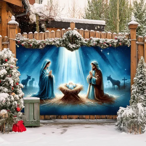 Miniatura 8 de BlissYard Fondo de Escena de la Natividad 71x43 Pulgadas Pancarta de la Escena del Pesebre de la Noche Santa Telón de Fondo Religioso Cristiano