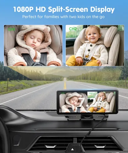 Miniatura 2 de Babyvue BV3PRO Cámara Dual para Coche de Bebé para 2 Niños, Pantalla Dividida HD 1080P de 18.3 cm, Visión Nocturna IR Cristalina sin Distorsión