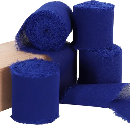 Miniatura 32 de TONIFUL 4 rollos de cinta de seda de gasa azul claro azul claro de 1-1/2 pulgadas, 22 yardas hechas a mano con flecos, juego de cintas de gasa