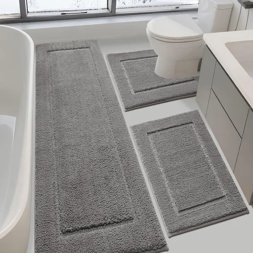 Miniatura 31 de Juego de alfombras de baño de 3 piezas de color blanco hueso, ultra suave, gruesa, esponjosa, microfibra absorbente, parte trasera antideslizante
